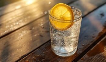 A glass of warm lemon water and healthy breakfast on a wooden table